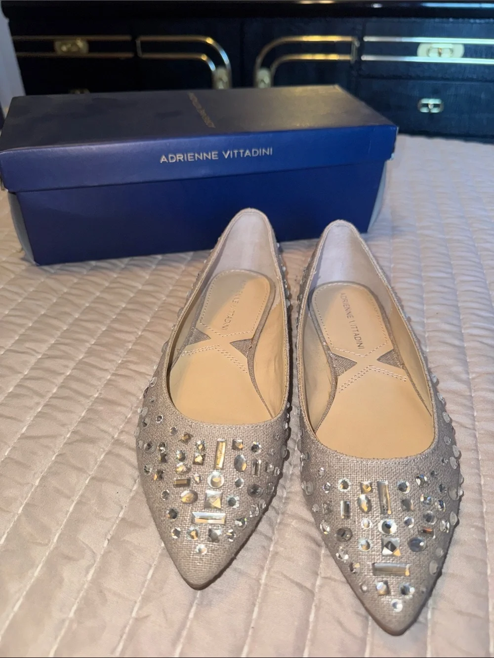 Adrienne Vittadini Taupe Pointed-Toe Crystal Embellished Flats